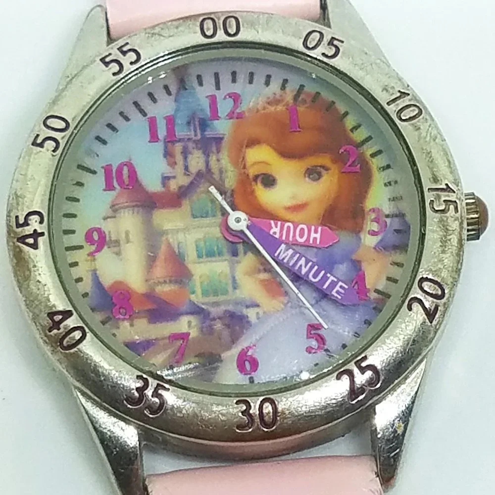 Teach How Tell Time - Disney Princess Castle Pink Leather Band Child Girl Watch